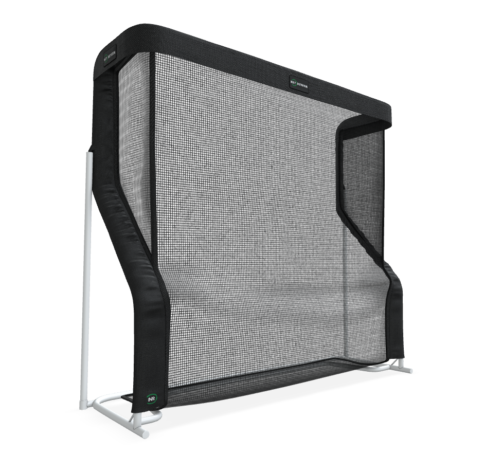 Black and white sports rebounder with a net and metal frame, designed for practice drills.